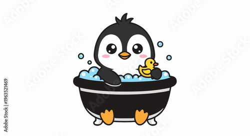 Adorable cartoon penguin enjoying a bubbly bath with a toy duck