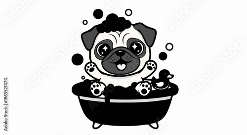 Adorable pug puppy enjoys a bubble bath with a rubber ducky