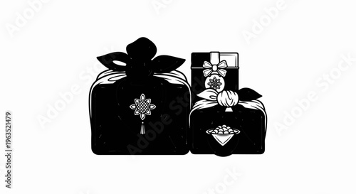 Two elegantly wrapped gifts, one large and one small, adorned with ribbons and decorative elements