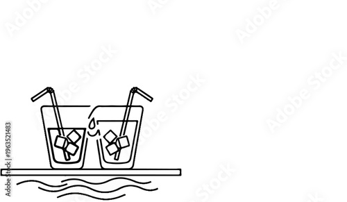 Two glasses with ice and straws sit on a shelf above wavy water