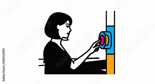 Profile view of a person interacting with a colorful interface