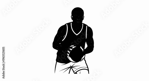 Silhouette of a muscular man in a basketball uniform holding a ball