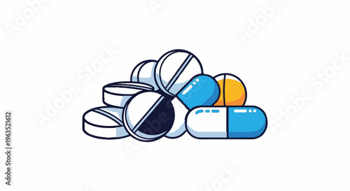 A stylized illustration of a pile of various pills and capsules in blue, white, and yellow