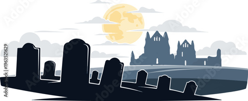 Spooky cemetery scene with ruins under a full moon and clouds