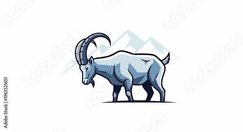 A stylized blue-gray ibex with large curved horns walks past icy peaks