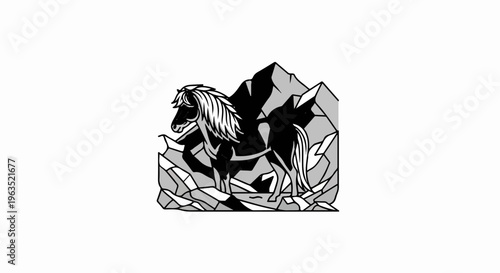 Stylized black horse with flowing mane on rocky terrain