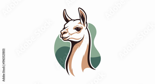 Stylized portrait of a llama with short, wavy brown and white fur, facing left