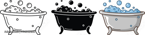Three bathtubs with bubbles in different colors and styles