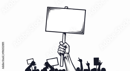 A clenched fist holds a blank protest sign above a crowd with raised signs