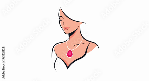 Stylized portrait of a woman with a pink gemstone pendant