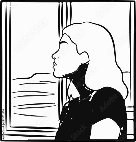 Stylized profile of a woman looking out a window at a landscape