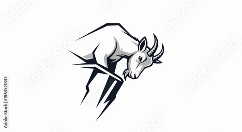 Stylized white goat with sharp horns and angular legs leaping