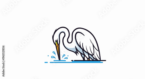 Stylized white heron with orange beak dips into blue water splashes