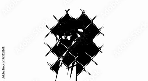 A black hand grasps a chain-link fence, reaching out through the openings