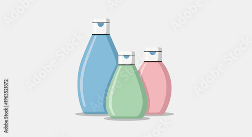 Three minimalist bottles, blue, green, and pink, with white caps