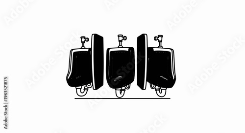 Three black urinals with dividers, rendered in a minimalist sketch style