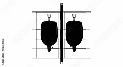 Two black urinals side-by-side with tiling and partition