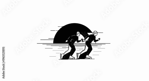 Two ice skaters racing against a stylized sun on a horizontal lined background