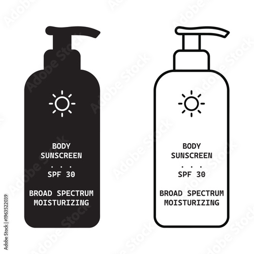Body sunscreen pump bottle icons featuring spf 30 broad spectrum moisturizing protection in solid black and line art vector styles