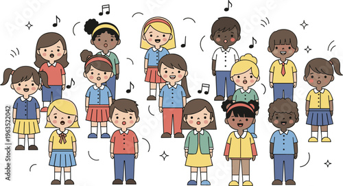 Diverse group of happy school children singing together in a choir, cute flat vector illustration for elementary education, music lessons, and childhood friendship