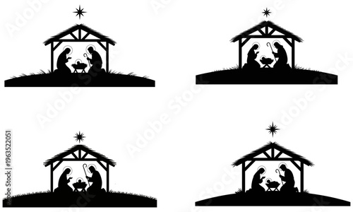 Nativity scene silhouette set for Christmas religious designs, cards, decorations, and holiday faith based projects celebrating the birth of Jesus