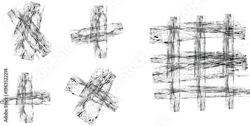 Grunge Cross Brush Strokes Set, Distressed Black Paint Marks and Rough Texture Elements