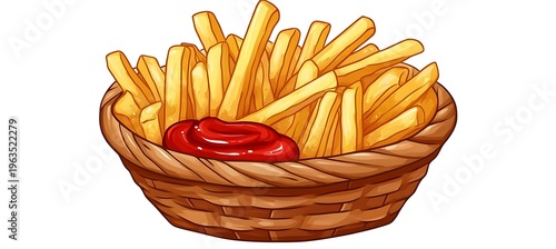 A delicious serving of golden french fries in a woven basket with ketchup