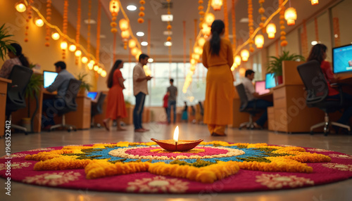 Office decorated with colorful rangoli and bright garlands for Diwali. Employees work at desks illuminated by festive lights and traditional diya oil lamp.