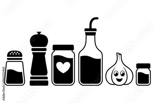 A set of kitchen condiments and spices in a simple vector graphic