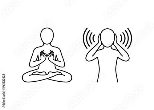 Mental health and sensory perception icon set featuring meditation for inner peace and human figure covering ears from loud noise stress 