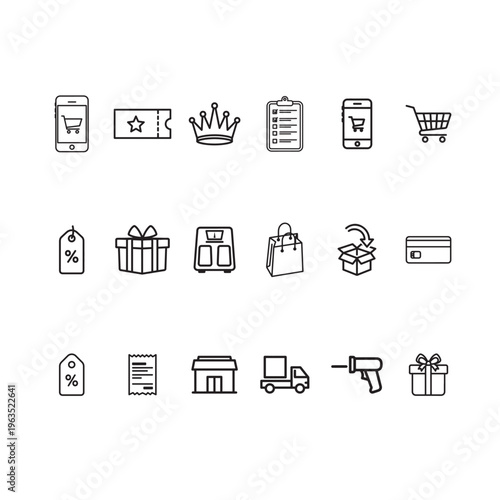 E-commerce and Shopping Icon Set featuring Mobile App Purchase Gift Box Delivery Truck Shopping Cart Loyalty Crown and Discount Price Tags