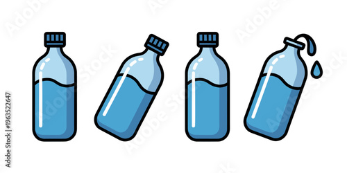 Four blue bottles of water in different positions and states  isolated on white background
