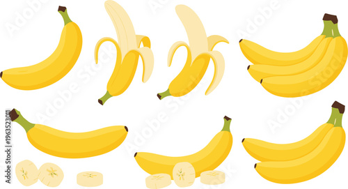 Fresh Yellow Bananas with Sliced and Peeled Variations for Fruit and Food Illustrations