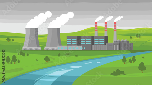 Industrial power plant vector landscape, factory with cooling towers and chimneys emitting smoke near river, environmental pollution scene in green countryside illustration