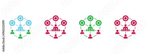 Colorful community icons, multiple style collection, vector elements, social group, collaboration, teamwork, networking, community support concept, solid, outline, glyph icons.