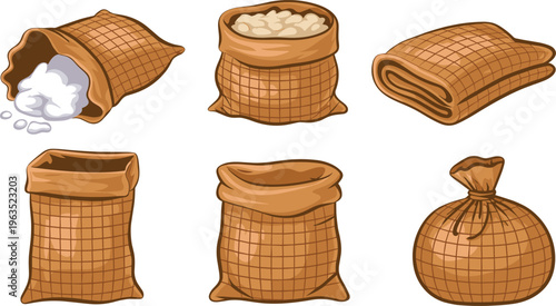 Jute sack bag vector illustration set, burlap storage bags with grains, folded and tied sacks, rustic agriculture packaging collection isolated on white background