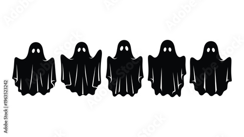 Five black ghostly figures in a row with glowing eyes
