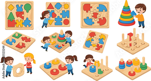 Wooden Educational Puzzle and Stacking Toys Set for Kids, Featuring Shape and Color Recognition Activities for Early Learning