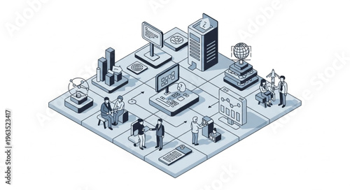 Isometric Business Technology Illustration - Data, Servers, and Teamwork.
