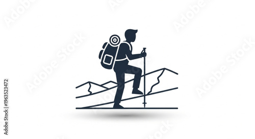 Silhouette of a Hiker Climbing a Mountain with Backpack.