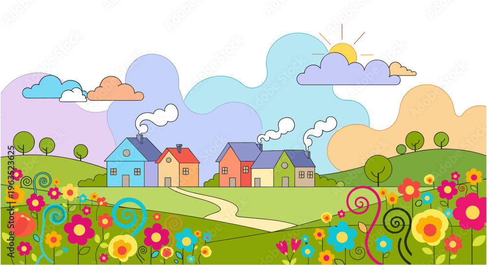 Naklejka premium Colorful cartoon houses in green field with vibrant flowers in bright sunny weather for real estate marketing