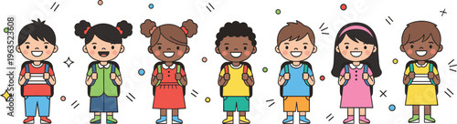 Set of cute diverse children with backpacks ready for school for educational and back to school designs