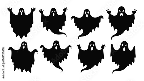 Eight black ghost silhouettes on white background