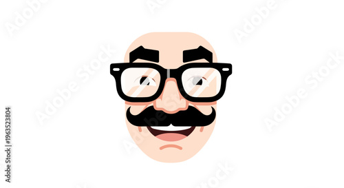 Cartoon Face Illustration of Smiling Man with Mustache and Glasses for Character Design Mascot Logo or Web Decoration in Bright Colors