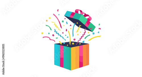 Celebratory Surprise Unveiling Joyous Moment with Confetti Explosion from Festive Gift Box Graphic on White Background for Celebrations