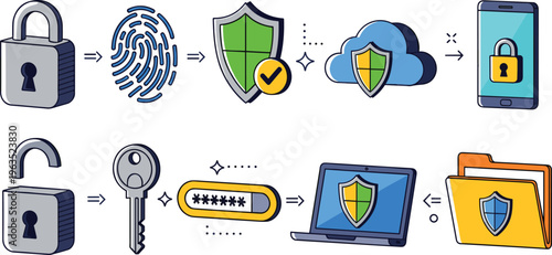 Cybersecurity data protection icons set with padlocks fingerprint scanner shield cloud storage password and laptop security vector illustration