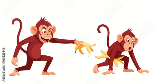 Playful Monkey Prankster Peels Banana for Amused Friend in Humorous Cartoon Illustration with Mischief and Joyful Animals