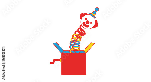 Whimsical Clown Toy Pops Out of Colorful Box on Spring Surprise Playtime Entertainment Childhood Fun Joyful Cartoon Character Festive Celebration Unexpected Delight Amusement Playful Element