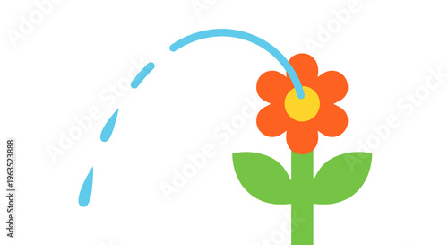 A vibrant orange flower with green leaves and stem is being watered by a curving stream of blue water droplets representing growth and refreshment in a gardening or nature context for cheerful