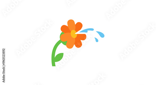 Bright orange flower with green stem and leaves receives a splash of blue liquid suggesting hydration or a refreshing shower in a visual representation of nature s vitality and renewal
